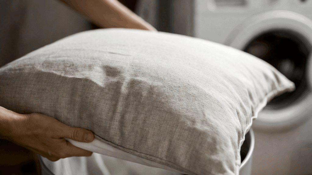 An aesthetic photo of linen pillow covers being removed from an insert or placed into a washing machine.