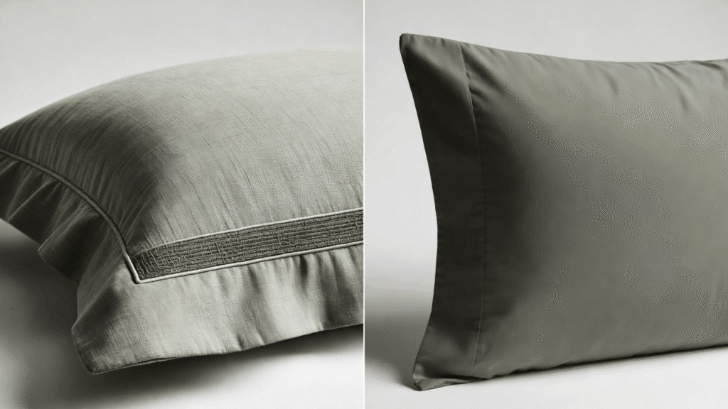 Comparison of a decorative pillow sham vs pillowcase showing different fabric edges and closures.