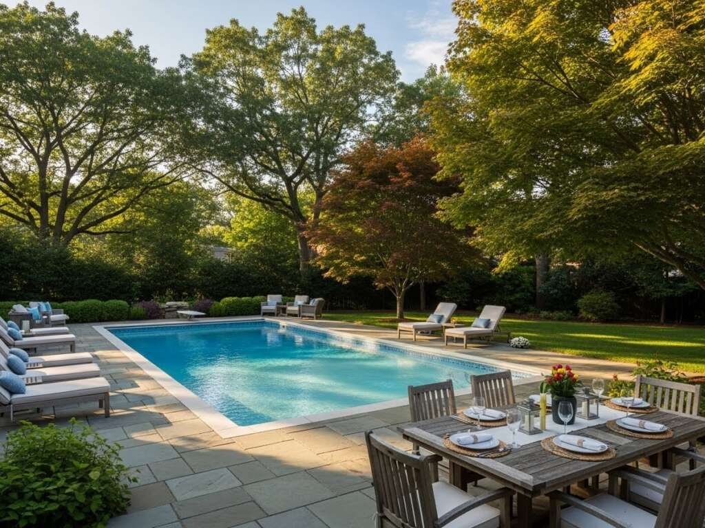 Private backyard and pool area emphasizing stability and relaxation in a celebrity home.