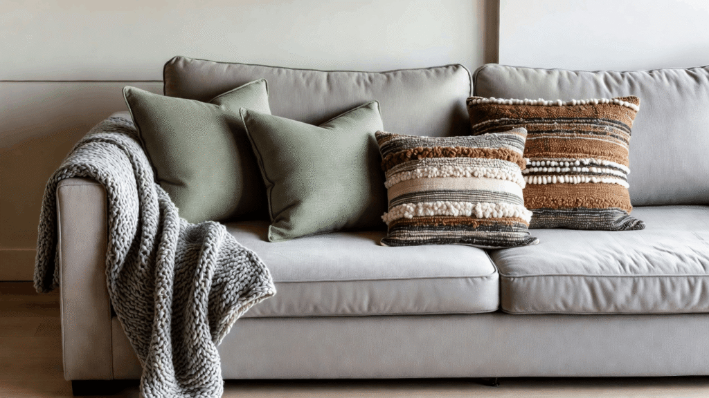 Sage green accent pillows and boho decorative pillows styled on a light grey couch.