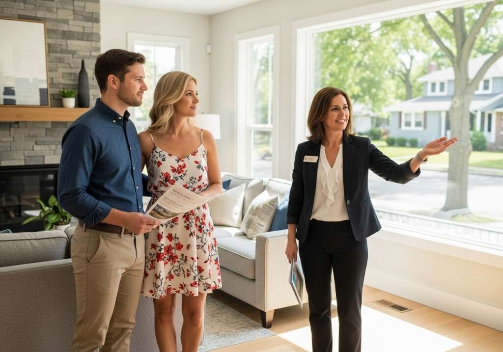 A couple visiting a local open house near me with a real estate agent.