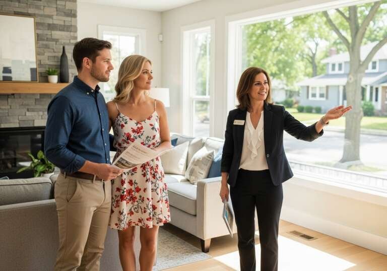 A couple visiting a local open house near me with a real estate agent.