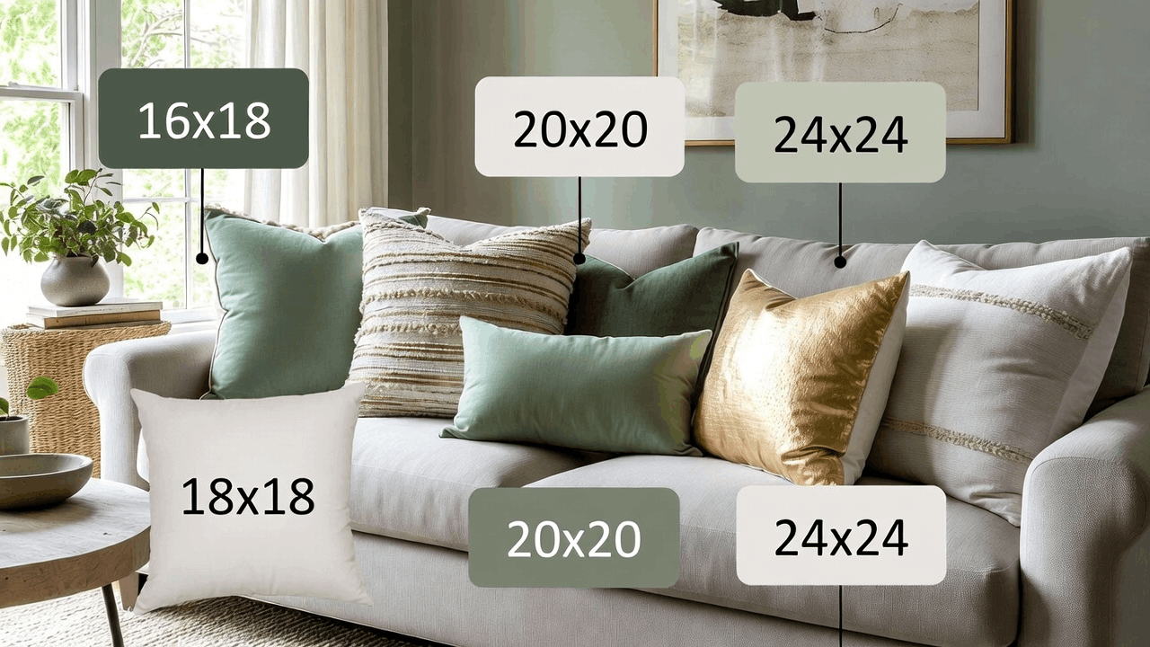 A professionally styled sofa featuring layered sage green, boho, and gold decorative pillows in various sizes.