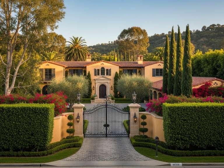 Exterior of a traditional luxury estate representing Adam Sandler's private and grounded home style.
