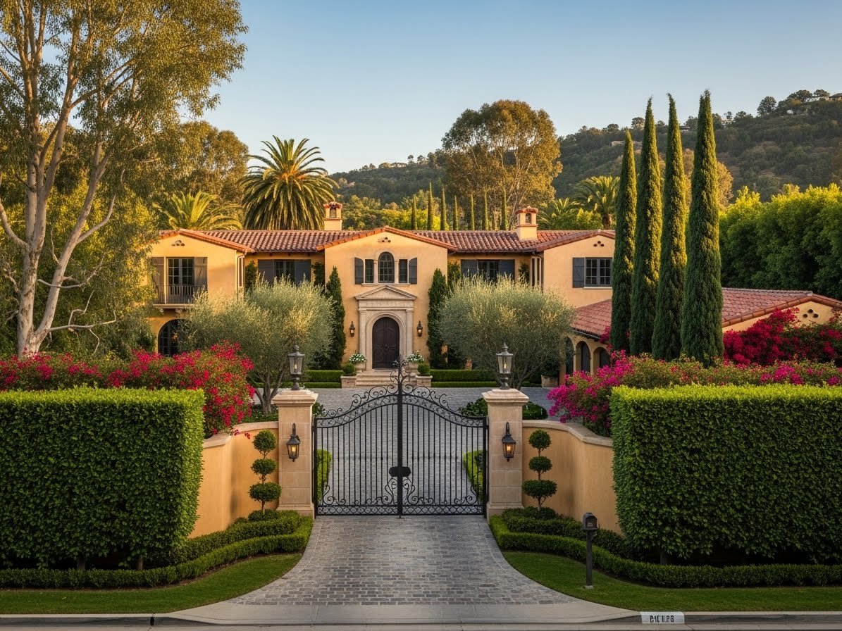 Exterior of a traditional luxury estate representing Adam Sandler's private and grounded home style.