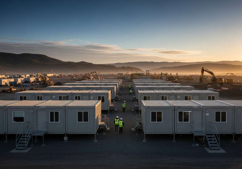 Modular worker housing units at a remote construction site.
