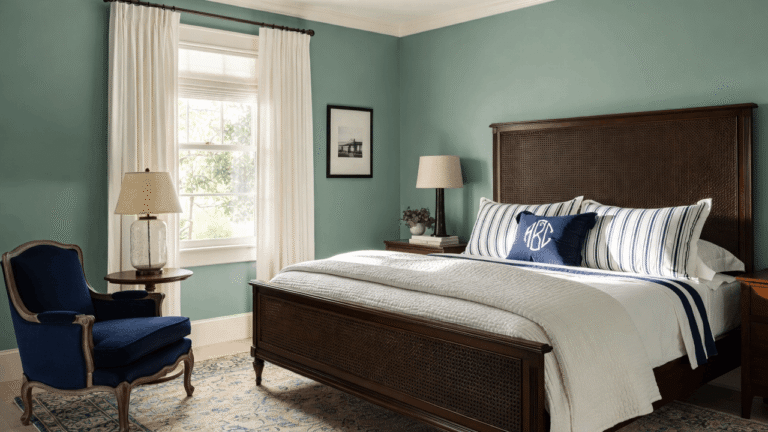 Preppy bedroom ideas 2026 featuring a cane headboard, navy striped bedding, and a monogrammed pillow in a pistachio green room.
