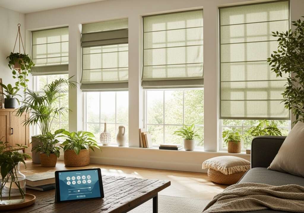 Motorized sage green linen Roman shades in a bright modern living room with biophilic decor and smart home tablet controls.