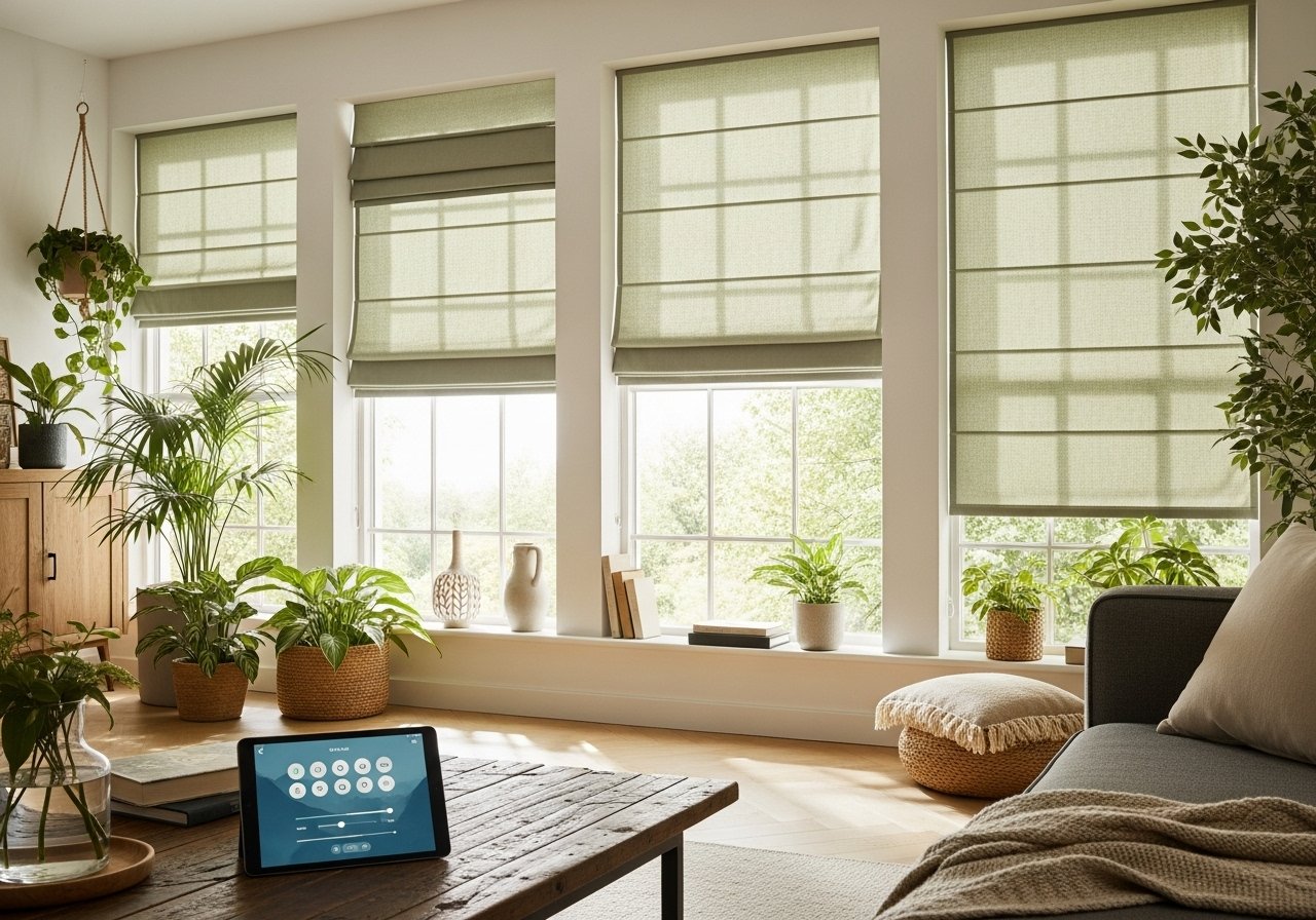 Motorized sage green linen Roman shades in a bright modern living room with biophilic decor and smart home tablet controls.